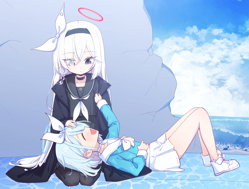 2girls, arona_(blue_archive), bare_legs, black_choker, black_coat, black_eyes, black_hairband, black_pantyhose