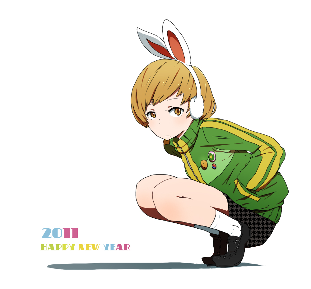1girl, 2011, animal_ears, brown_eyes, brown_hair, bunny_ears, earmuffs, fake_animal_ears