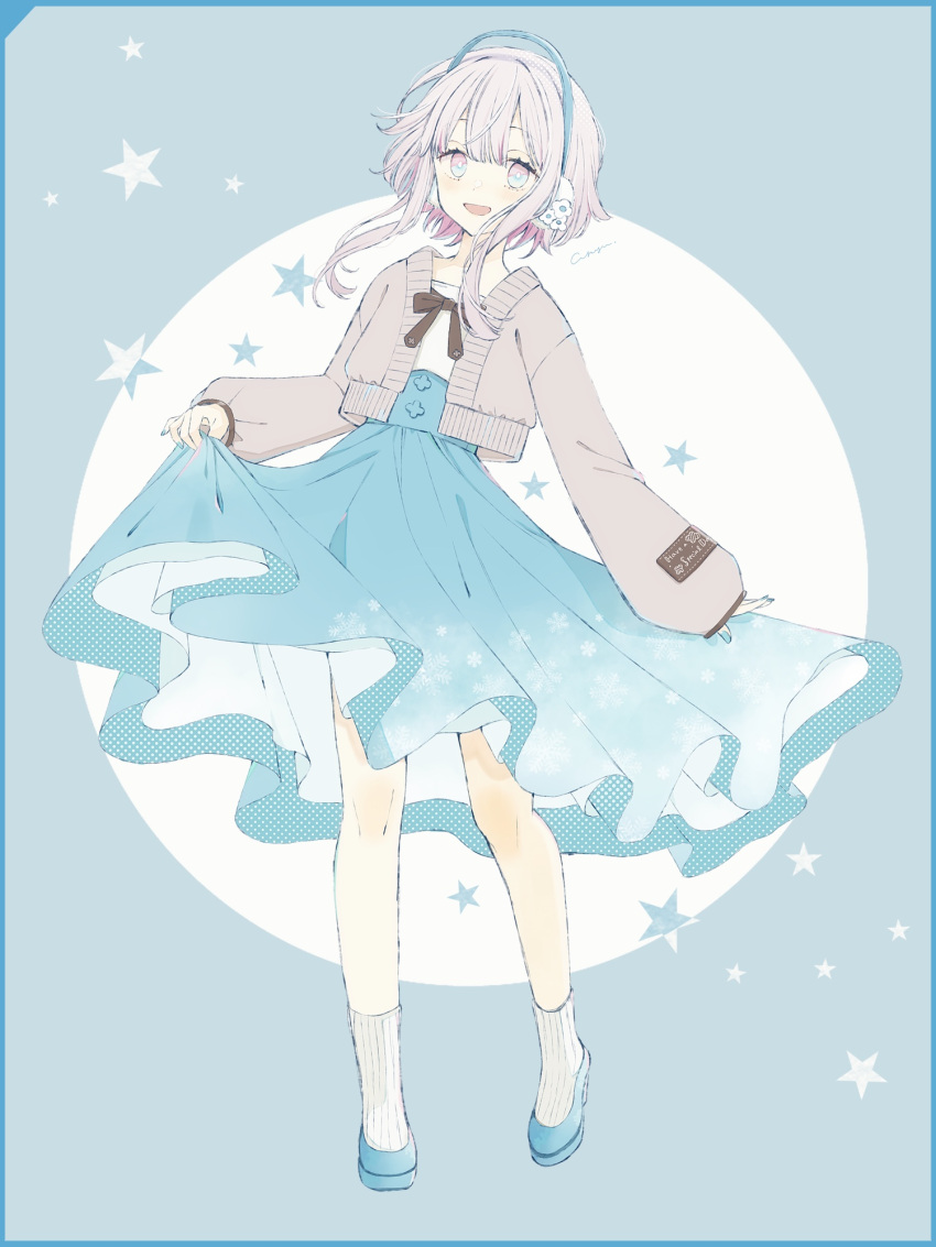 1girl, :d, akiyu, blue_eyes, blue_footwear, blue_nails, blue_skirt, brown_ribbon