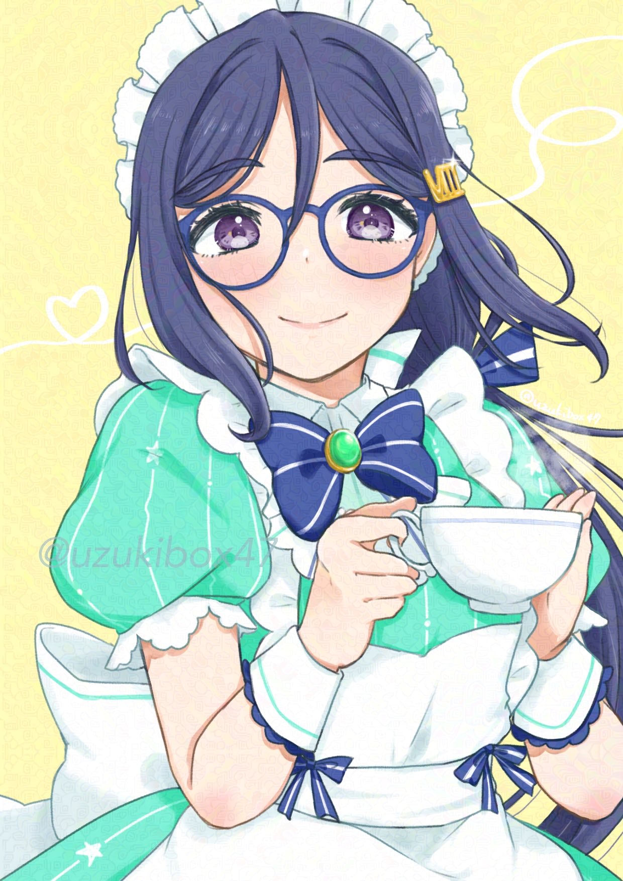 1girl, apron, aqua_dress, blue-framed_eyewear, blue_bow, blue_bowtie, blue_hair, blush