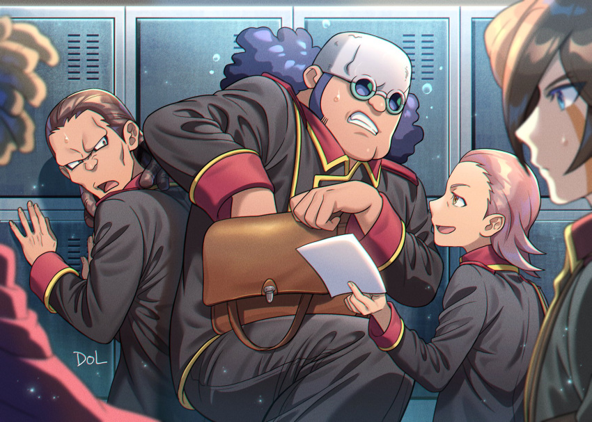 4boys, against_locker, bag, black_jacket, black_pants, blue_hair, brown_bag, brown_hair
