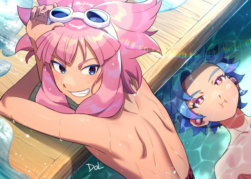 2boys, blue_eyes, blue_hair, dolustoy, earplugs, goggles, goggles_on_head, highres