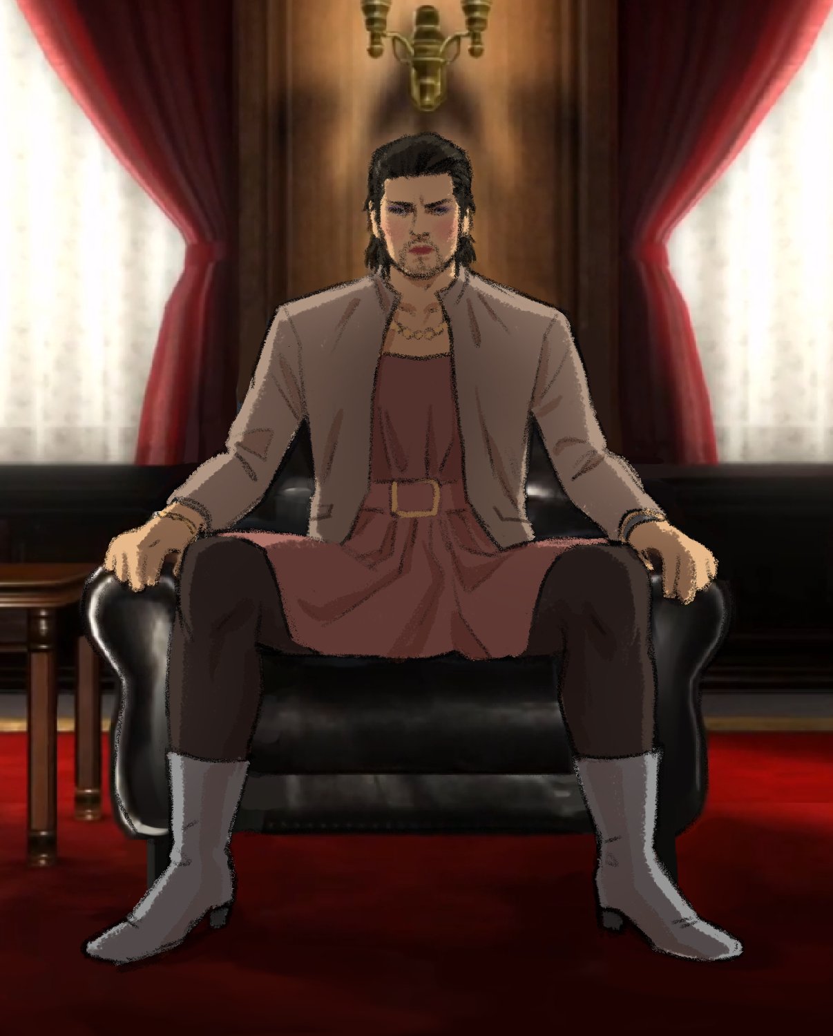 1boy, black_hair, crossdressing, dojima_daigo, donlemefo, dress, facial_hair, furrowed_brow