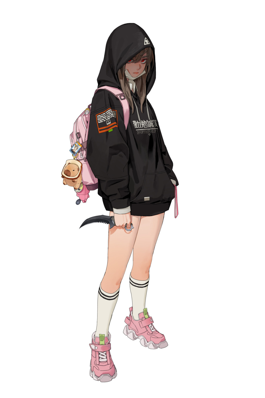 1girl, absurdres, black_hoodie, brown_hair, closed_mouth, collared_shirt, commentary, dagger, dongho_kang, fang, full_body, haikyuu!!, highres, holding, holding_dagger, holding_knife, holding_weapon, hood, hoodie, knife, long_hoodie, long_sleeves, looking_at_viewer, mask, medium_hair, mouth_mask, original, pink_bag, pink_footwear, red_eyes, shirt, simple_background, socks, solo, stuffed_capybara, sugawara_koushi, translation_request, weapon, white_background, white_shirt, white_socks