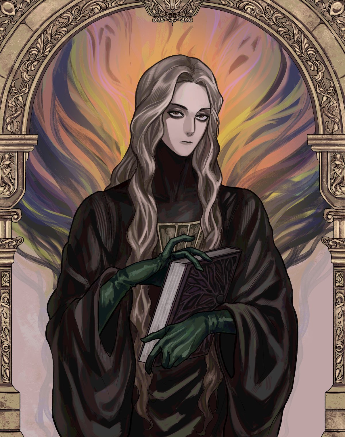 1boy, arch, black_robe, book, brown_eyes, brown_hair, closed_mouth, commentary, enki_(fear_&amp;_hunger), fear_&amp;_hunger_(series), fear_&amp;_hunger_1, gloves, green_gloves, highres, holding, holding_book, long_hair, looking_at_viewer, nouveaudepart_0, robe, solo, upper_body, very_long_hair