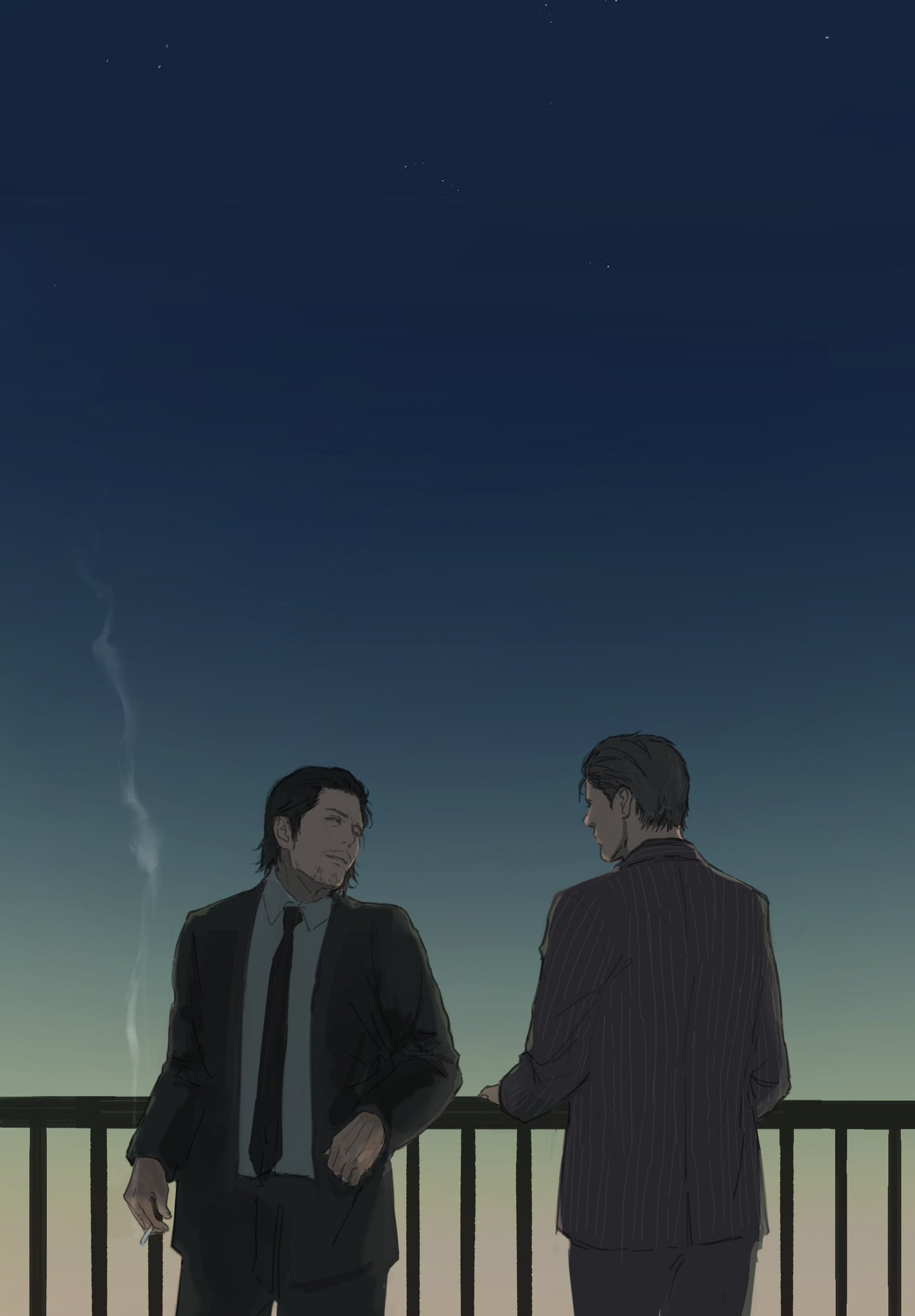 2boys, 5nkyrvcifr7v3rt, black_hair, black_necktie, brown_hair, cigarette, dojima_daigo, highres