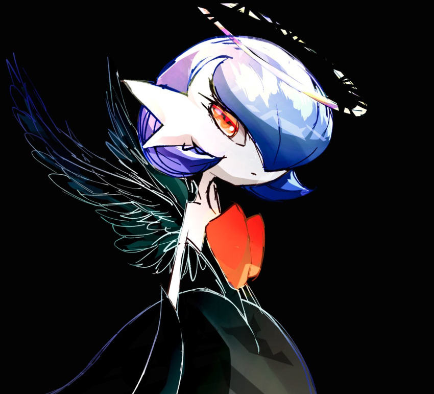 alternate_color, angel_wings, bad_id, bad_twitter_id, black_background, black_dress, black_gloves, blue_hair