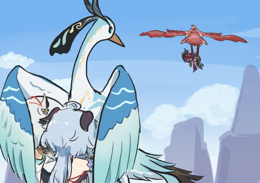 ahoge, animal, bird, blue_hair, chasca_(genshin_impact), cloud_retainer_(genshin_impact), crane_(animal), ganyu_(genshin_impact)