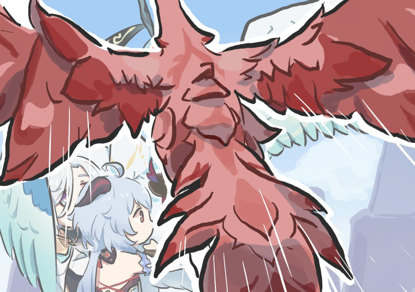 ahoge, animal, bird, blue_hair, chasca_(genshin_impact), cloud_retainer_(genshin_impact), crane_(animal), ganyu_(genshin_impact)