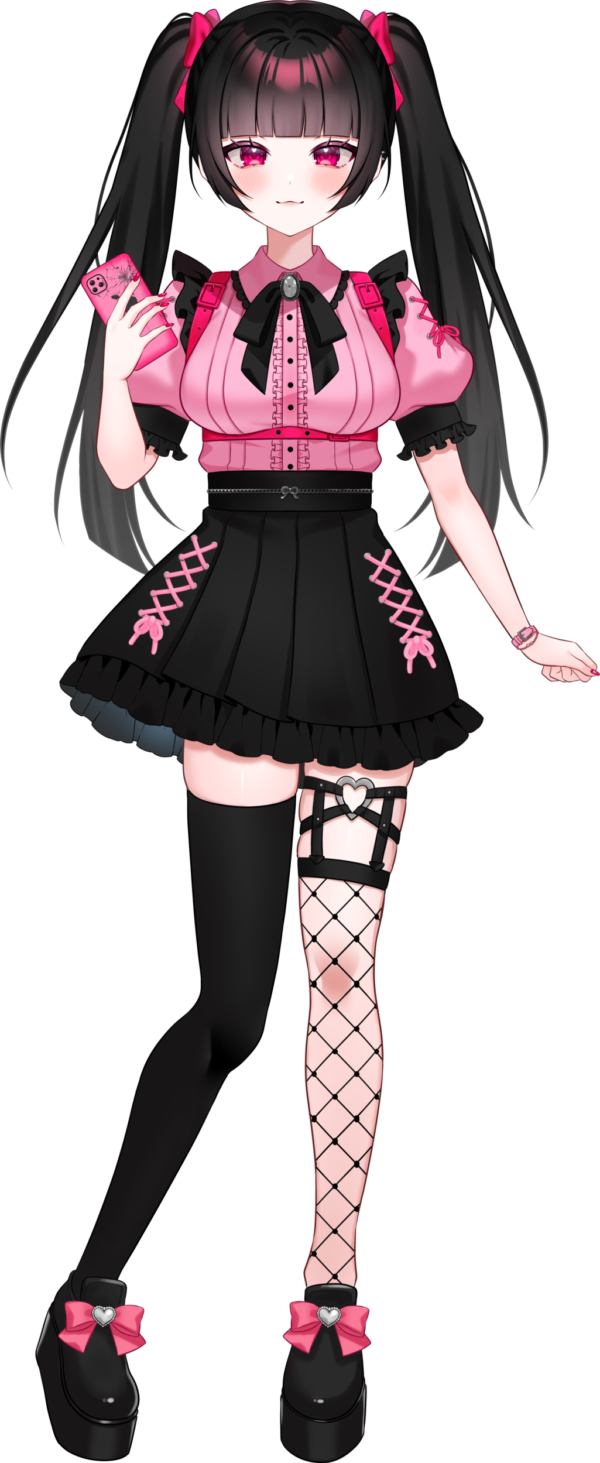 1girl, :3, artist_request, asymmetrical_legwear, black_footwear, black_hair, black_skirt, black_thighhighs, blunt_bangs, blush, bond_en, bondlive, breasts, cellphone, center_frills, collared_shirt, fishnet_thighhighs, fishnets, frills, full_body, hayami_kurayami, highres, holding, holding_phone, long_hair, official_art, phone, pink_eyes, pink_nails, pink_shirt, puffy_short_sleeves, puffy_sleeves, shirt, short_sleeves, simple_background, skirt, smartphone, solo, standing, thigh-highs, transparent_background, twintails, virtual_youtuber
