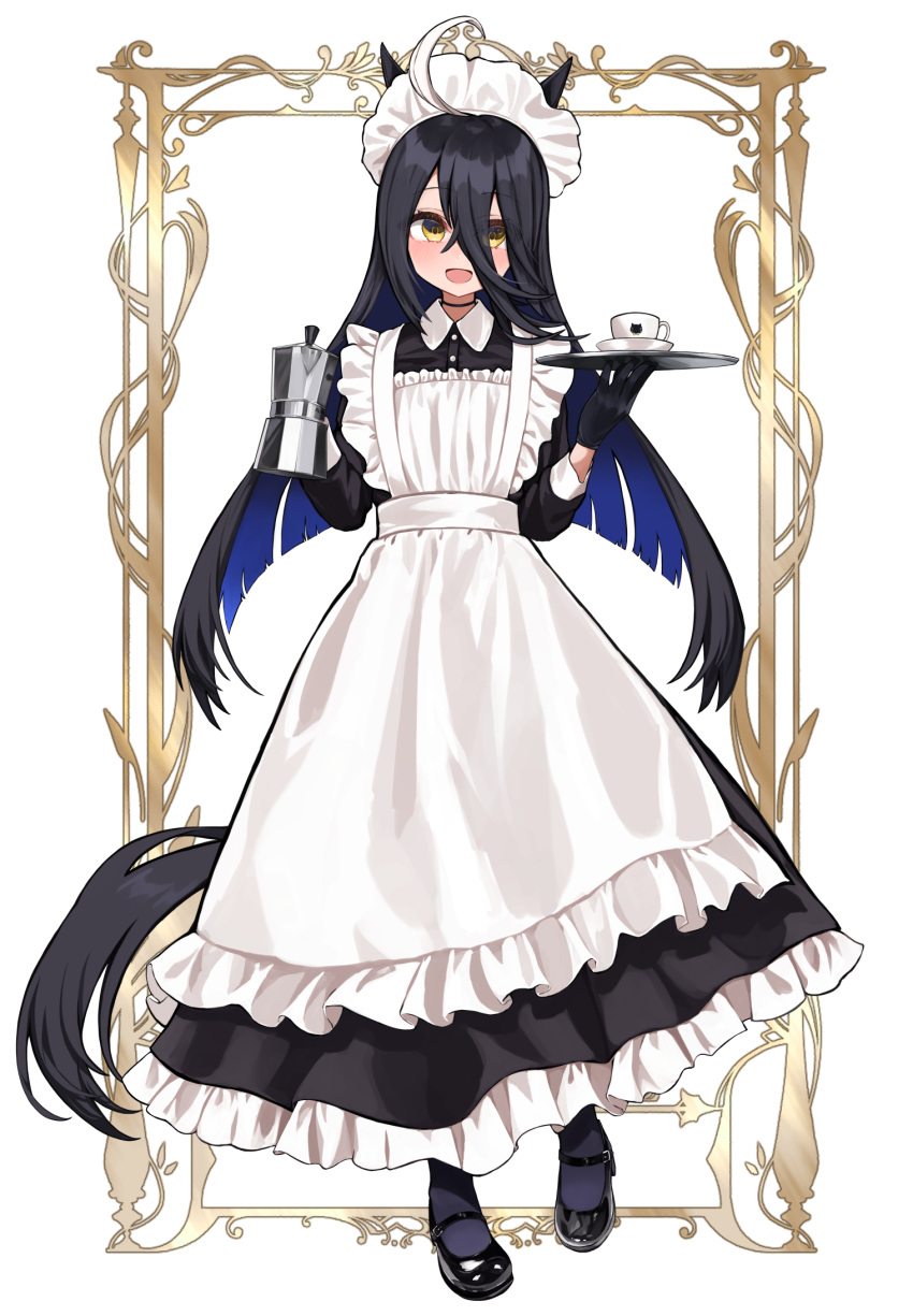 animal_ears, apron, black_dress, black_footwear, black_gloves, black_hair, blue_hair, blush