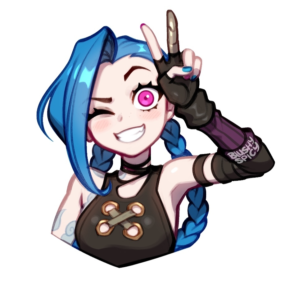 1girl, arcane:_league_of_legends, arcane_jinx, arm_tattoo, armpits, artist_name, asymmetrical_bangs, black_gloves