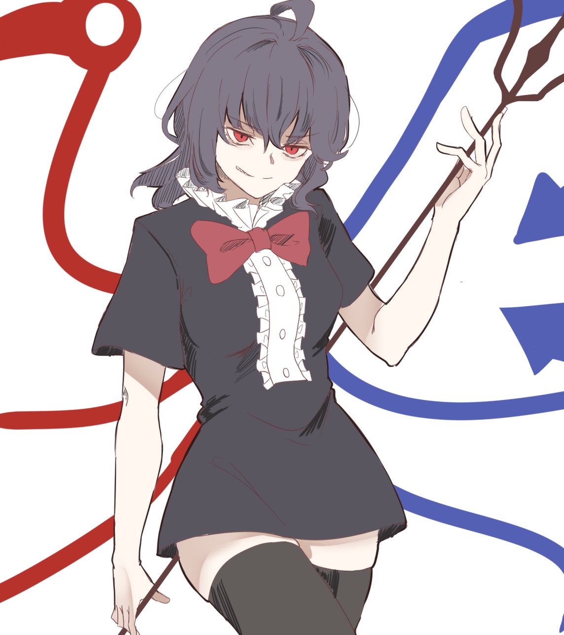 ahoge, asymmetrical_wings, black_dress, black_hair, black_thighhighs, blue_wings, bow, bowtie