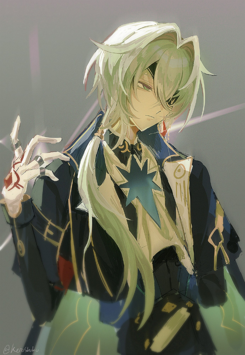 1boy, anaxa_(honkai:_star_rail), angry, artist_name, blue_jacket, blue_pants, blurry, blurry_foreground