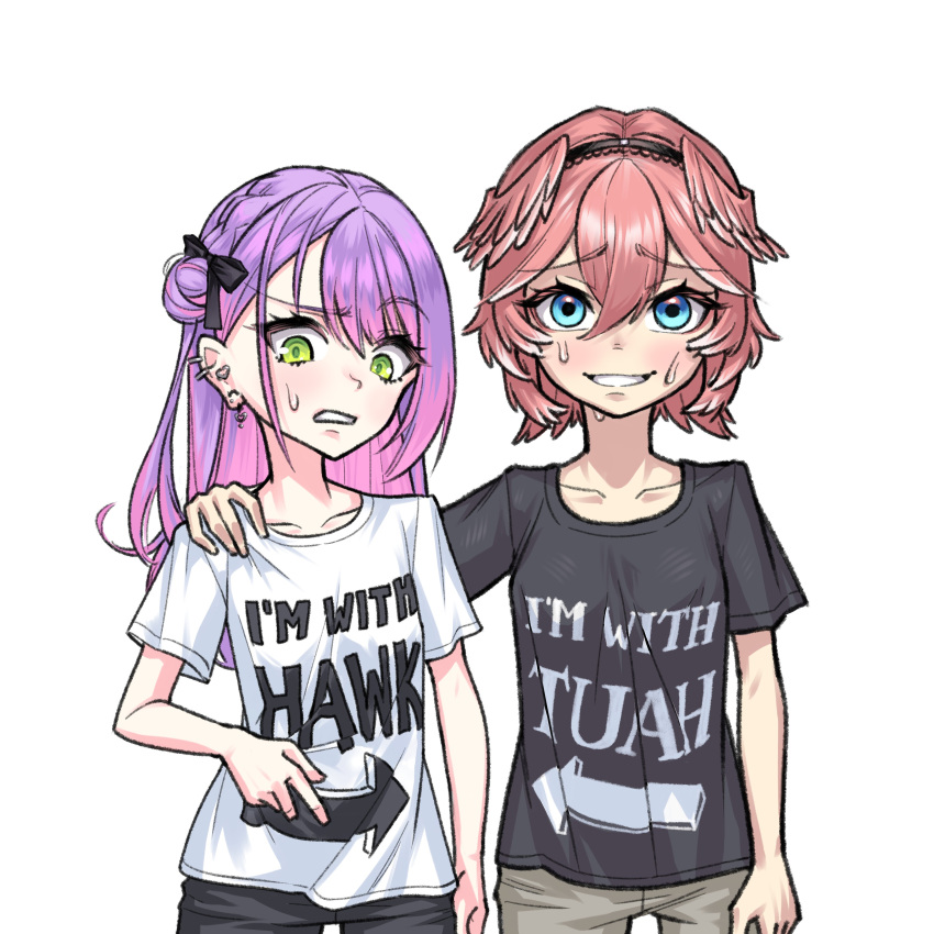 2girls, absurdres, arm_around_shoulder, black_hairband, black_skirt, blue_eyes, clothes_writing, commentary, ear_piercing, earrings, green_eyes, hair_bun, hairband, hashtag-only_commentary, hawk_tuah_(meme), highres, hololive, i'm_with_stupid_(meme), jewelry, jqhnharqld, long_hair, medium_hair, meme, multicolored_hair, multiple_girls, piercing, pink_hair, pointy_ears, pun, purple_hair, raised_eyebrow, shirt, single_side_bun, skirt, streaked_hair, sweat, sweatdrop, t-shirt, takane_lui, tokoyami_towa, two-tone_hair, virtual_youtuber, white_shirt