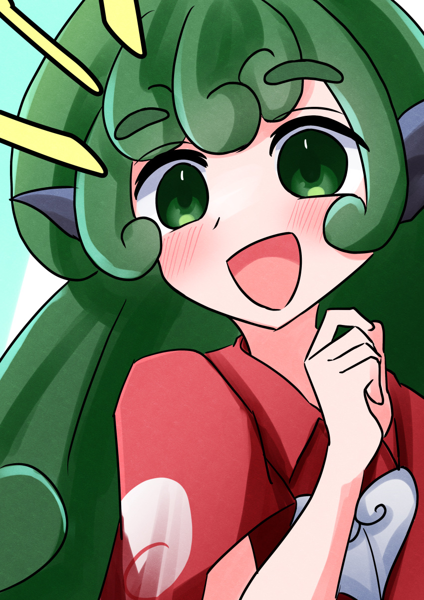 1girl, absurdres, arm_up, azumayoriko, blue_background, blush, close-up, cloud_print, commentary_request, curled_fingers, curly_hair, green_eyes, green_hair, highres, kariyushi_shirt, komainu_ears, komano_aunn, long_hair, notice_lines, partial_commentary, red_shirt, shirt, smile, touhou