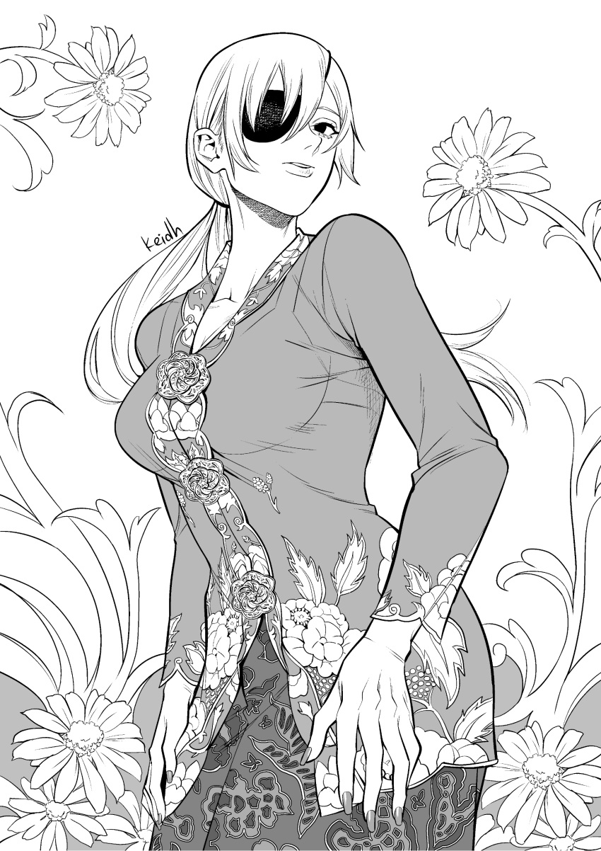 1girl, absurdres, chainsaw_man, eyepatch, floral_print, flower, greyscale, highres
