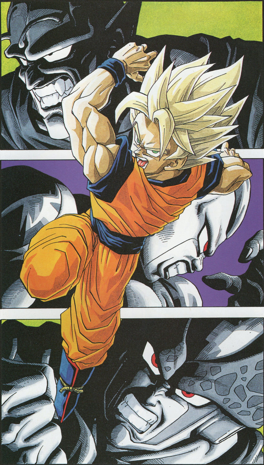 4boys, absurdres, angry, antennae, blonde_hair, border, cell_(dragon_ball), clenched_hand