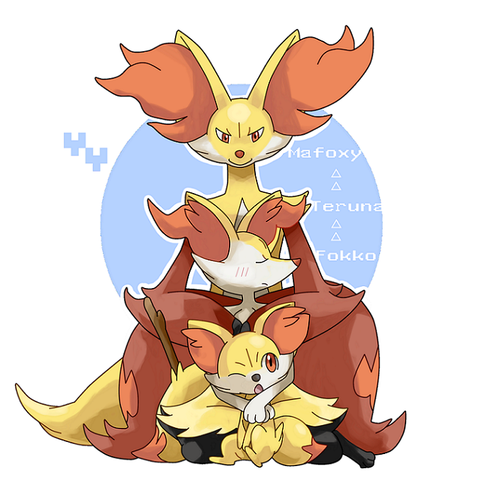 2others, animal_ears, blush, braixen, closed_eyes, closed_mouth, commentary, delphox, evolutionary_line, fennekin, fox_ears, fox_tail, furry, kneeling, looking_down, multiple_others, open_mouth, orange_eyes, pokemon, pokemon_(creature), shida_shokubutsu, sitting, smile, tail