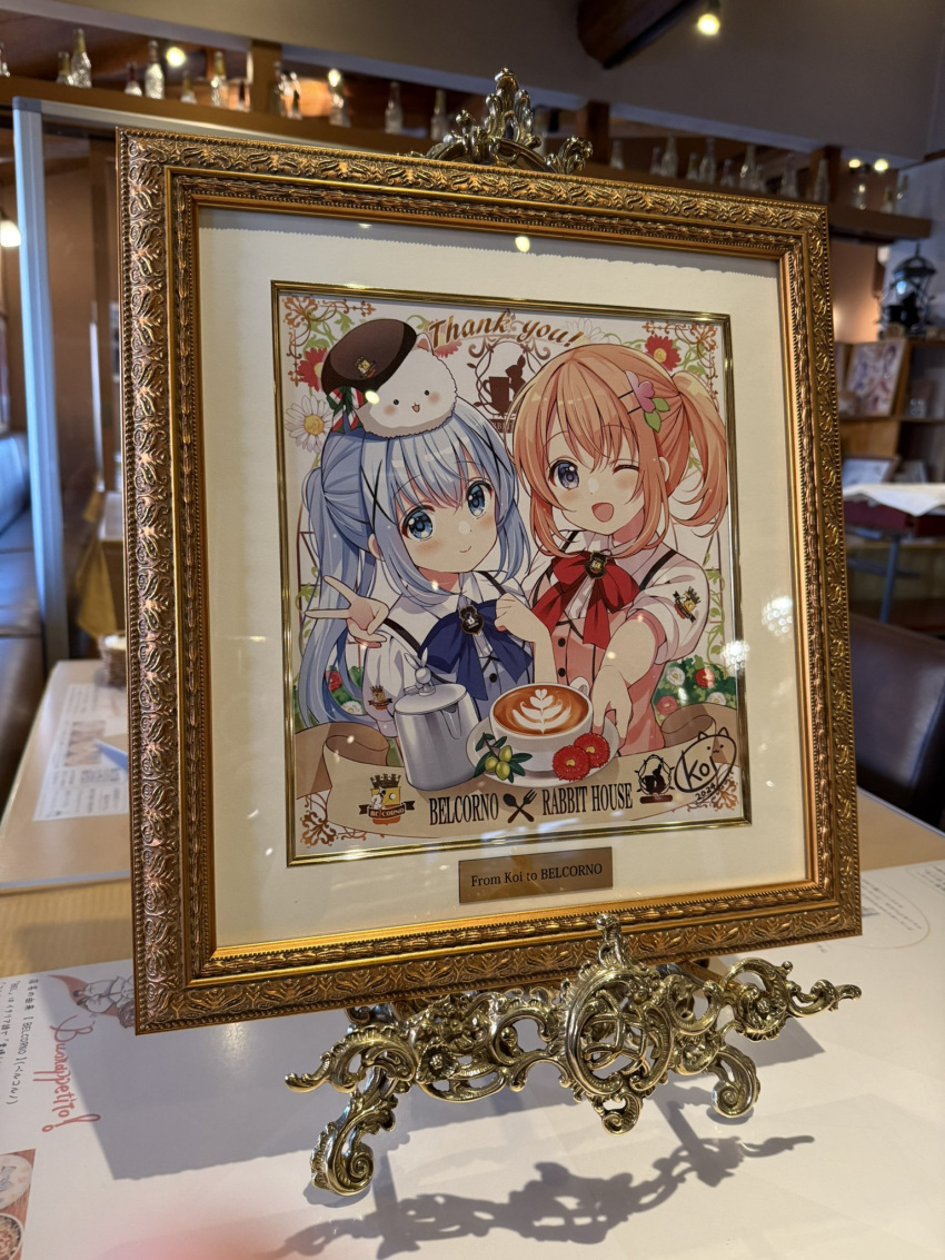 2girls, :d, angora_rabbit, apron, arm_around_shoulder, artist_name, beret, blue_apron, blue_bow, blue_eyes, blue_hair, blue_pupils, blue_theme, blush, border, bow, breasts, bright_pupils, buttons, cherry_blossoms, closed_mouth, collared_shirt, color_coordination, commentary_request, dated, dot_nose, english_text, finger_on_lens, flower, gift_art, gochuumon_wa_usagi_desu_ka?, hair_flower, hair_ornament, hat, highres, holding, holding_plate, hoto_cocoa, italian_flag, italian_text, kafuu_chino, koi_(koisan), latte_art, light_blue_hair, logo, long_hair, looking_at_viewer, matching_hairstyle, matching_outfits, medium_hair, multiple_girls, official_alternate_hairstyle, official_art, one_eye_closed, open_mouth, orange_hair, ornate_border, photo_(medium), pink_apron, plate, ponytail, purple_pupils, rabbit, rabbit_house_uniform, red_bow, red_theme, ribbon, serving, shirt, short_sleeves, signature, small_breasts, smile, summer_uniform, thank_you, tippy_(gochiusa), upper_body, v, violet_eyes, white_shirt