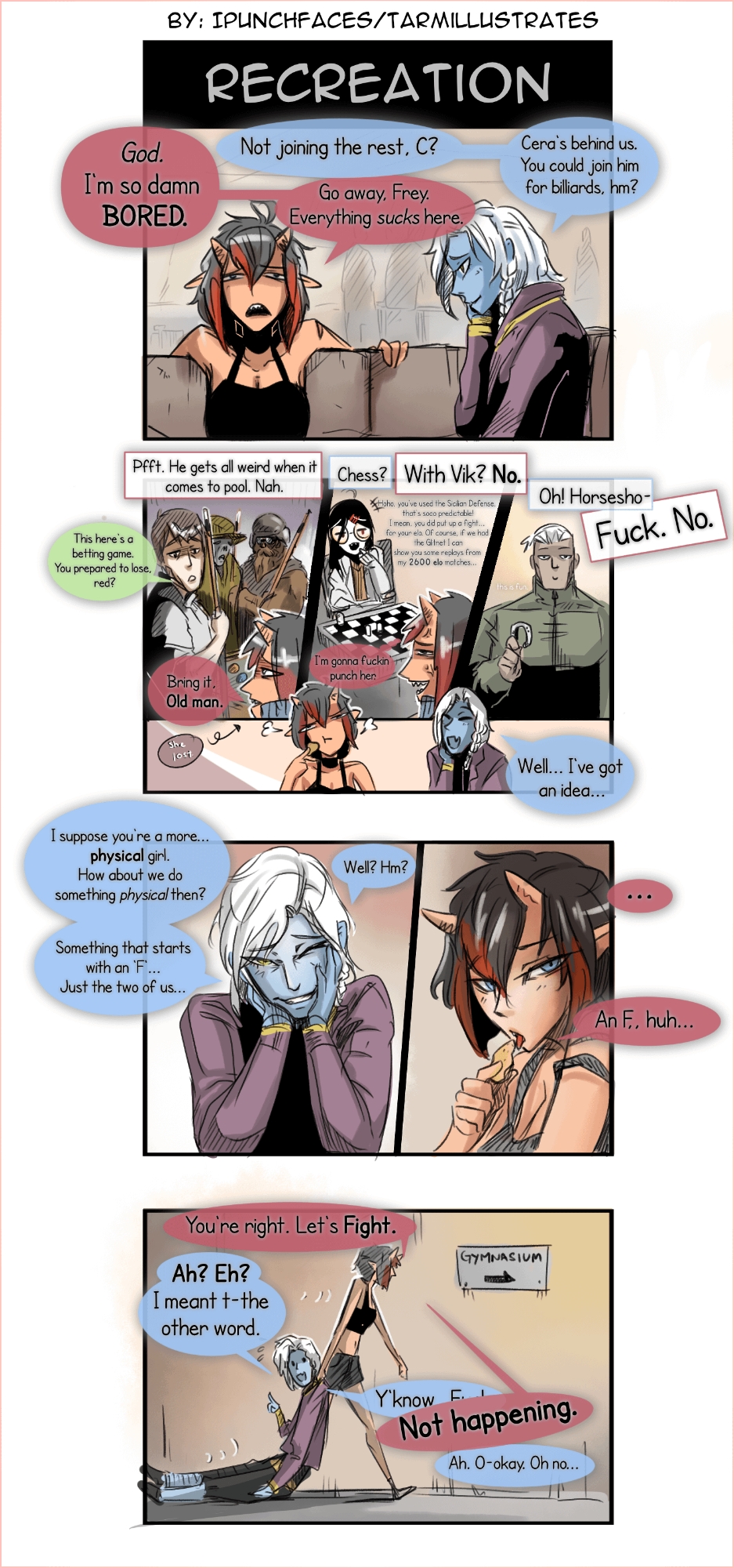 black_hair, blue_eyes, blue_skin, board_game, chess, clothes_grab, collar_grab, colored_skin