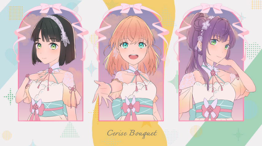 3girls, 3rd_live_tour_try_tri_unity!!!, :d, absurdres, aqua_eyes, black_hair, blunt_bangs, blunt_ends