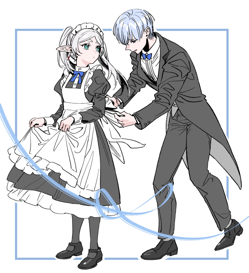 1boy, 1girl, apron, black_dress, black_footwear, black_jacket, black_pants, black_pantyhose, blue_border, blue_bow, blue_eyes, blue_hair, border, bow, closed_mouth, clothes_lift, collared_shirt, dress, dress_lift, earrings, elf, frieren, frilled_apron, frilled_dress, frills, full_body, green_eyes, highres, himmel_(sousou_no_frieren), holding_apron, jacket, jewelry, long_hair, long_sleeves, looking_at_another, maid, maid_headdress, mole, mole_under_eye, novasorcerer, pants, pantyhose, parted_lips, pointy_ears, shirt, short_hair, simple_background, sousou_no_frieren, suit_jacket, twintails, tying_apron, white_apron, white_background, white_hair, white_shirt