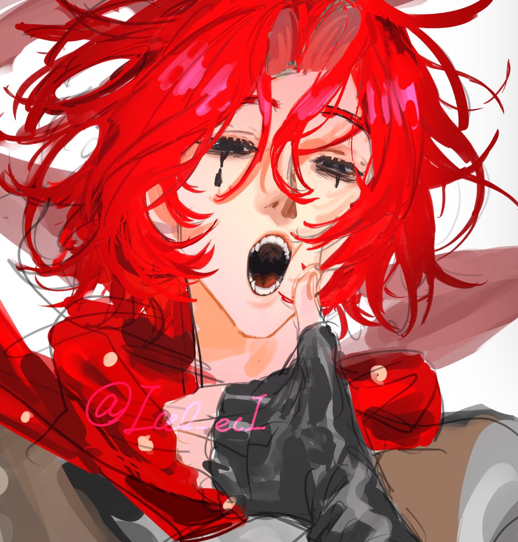 1boy, black_eyes, black_gloves, brown_vest, fangs, fingerless_gloves, gloves, half-closed_eyes