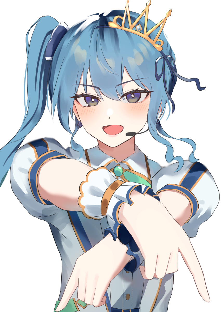 1girl, absurdres, bibbidiba_(hololive), blue_eyes, blue_hair, blush, collared_shirt, commentary_request