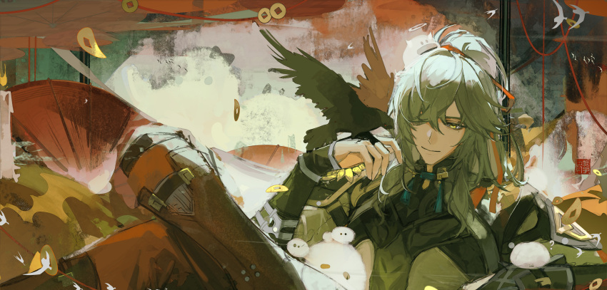 absurdres, armor, bird, bird_on_hand, black_footwear, black_shirt, boots, closed_mouth