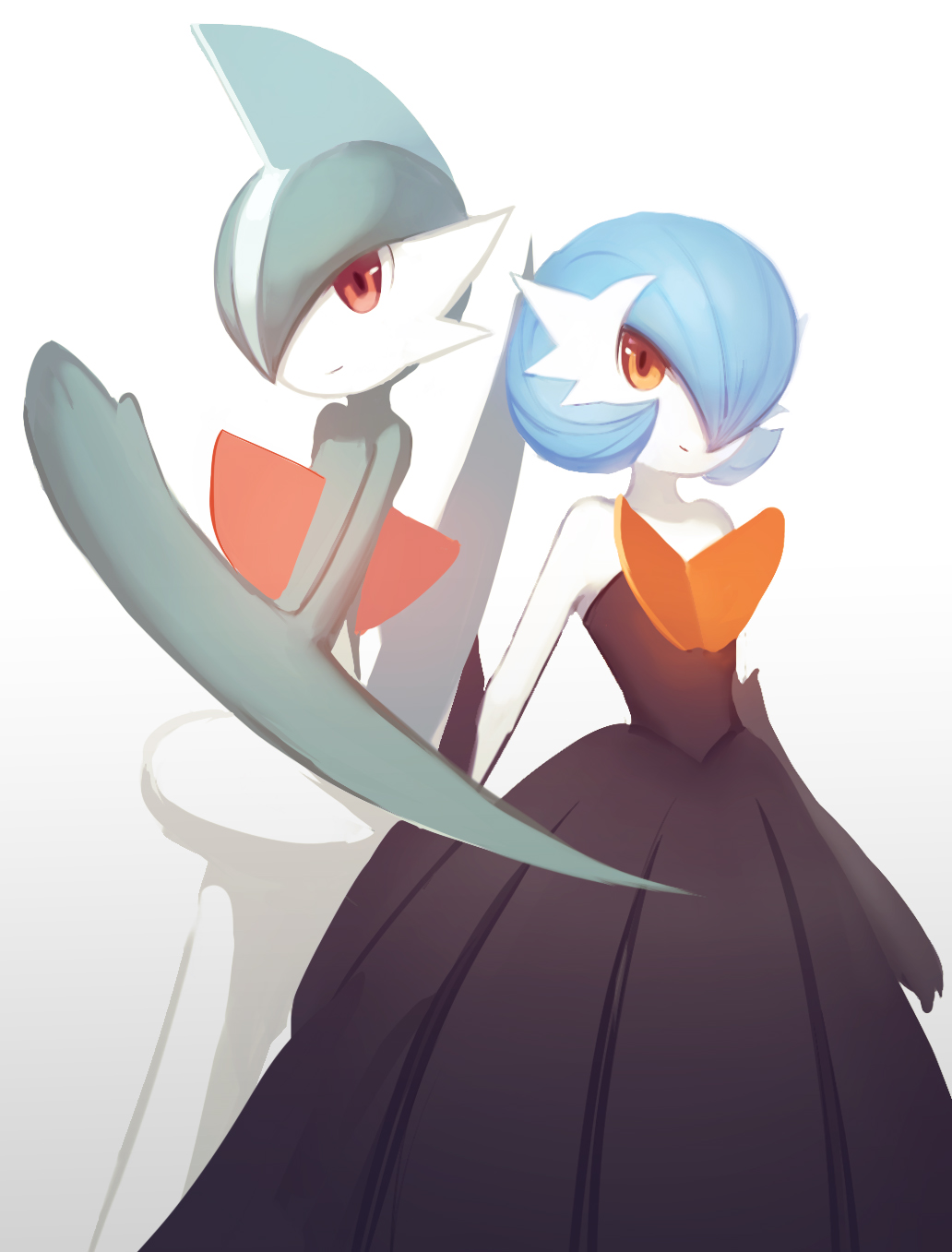 alternate_color, black_dress, black_gloves, blue_hair, bob_cut, colored_skin, dress, elbow_gloves