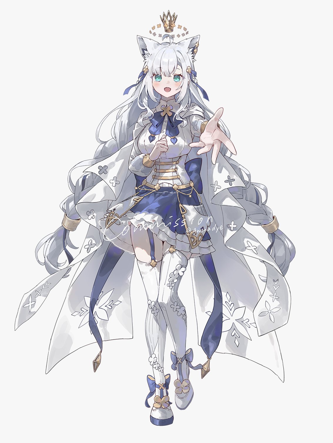 1girl, ahoge, animal_ear_fluff, animal_ear_piercing, animal_ears, ankle_ribbon, aqua_eyes, asymmetrical_bangs, az_(zero_glvimayhop), back_ribbon, blue_bow, blue_bowtie, blue_ribbon, blue_skirt, blush, bodice, bow, bow_ring, bowtie, braid, cape, clover_hair_ornament, clover_print, collared_shirt, corset, crown, flag, floating_crown, flower-trimmed_thighhighs, four-leaf_clover_print, fox_ears, fox_girl, framed_breasts, frilled_skirt, frills, full_body, garter_straps, gold, gold_crown, gold_trim, gold_wrist_cuffs, hair_ornament, hair_ribbon, halo, highres, hololive, layered_skirt, leg_ribbon, loafers, long_hair, long_sleeves, looking_at_viewer, low-tied_long_hair, low_twintails, mini_crown, miniskirt, neck_ribbon, official_alternate_costume, official_alternate_hairstyle, open_mouth, puffy_long_sleeves, puffy_sleeves, reaching, reaching_towards_viewer, ribbon, shirakami_fubuki, shirakami_fubuki_(saint), shirt, shirt_tucked_in, shoes, sidelocks, skirt, solo, straight-on, thigh-highs, twintails, twitter_username, very_long_hair, virtual_youtuber, watermark, white_background, white_cape, white_corset, white_footwear, white_hair, white_shirt, x_mark