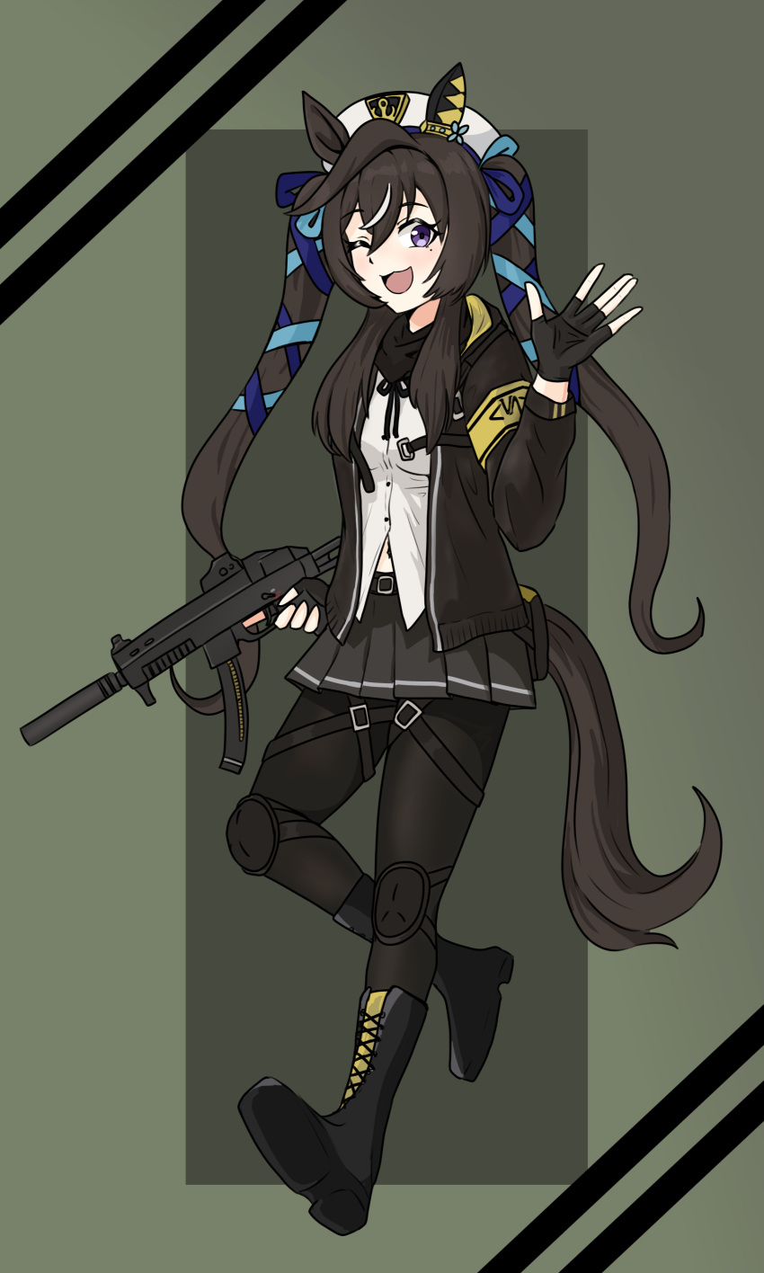 1girl, absurdres, alternate_costume, animal_ears, belt, beret, black_hair, blackuma