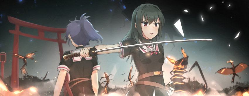 2girls, absurdres, aratama_(toji_no_miko), belt, black_shirt, blurry, breasts, brown_belt, commentary_request, etou_minato, glass_shards, green_hair, highres, holding, holding_sword, holding_weapon, juujou_kagari, katana, medium_breasts, medium_hair, multiple_girls, open_mouth, outdoors, ponytail, purple_hair, red_eyes, renpu_girls_school_uniform_(old_design), sailor_collar, school_uniform, shirt, short_sleeves, sidelocks, standing, sword, toji_no_miko, torii, v-shaped_eyebrows, weapon, white_sailor_collar, yuzf