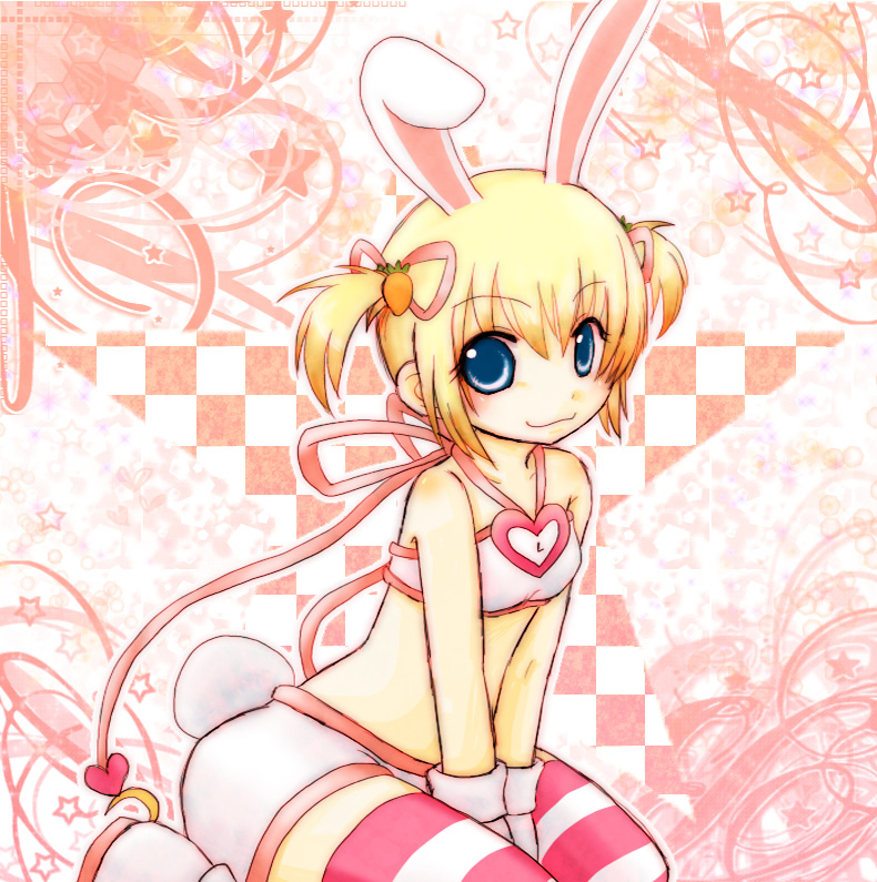 blonde_hair, blue_eyes, bunny_ears, bunny_tail, carrot, extra_ears, gloves, hair_ribbon