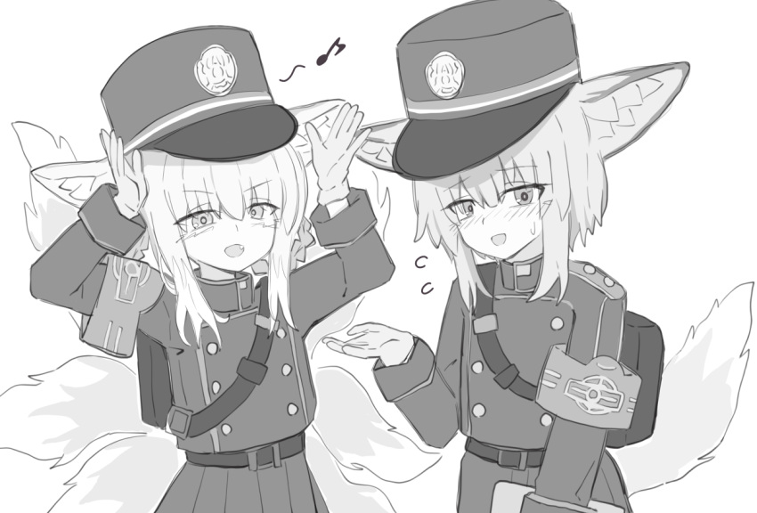 2girls, animal_ears, arknights, armband, arms_up, belt, blue_archive, blush