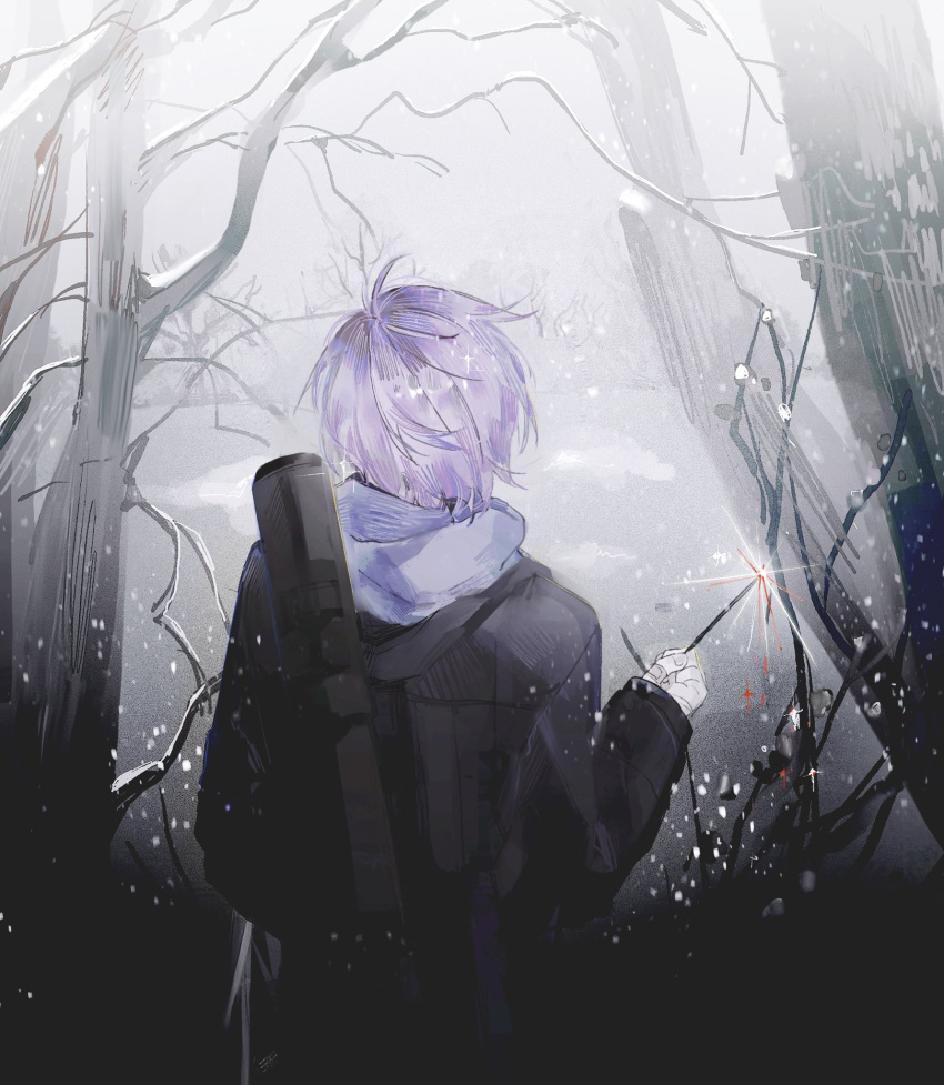 1boy, bare_tree, black_jacket, cowboy_shot, day, facing_away, femio44, fireworks