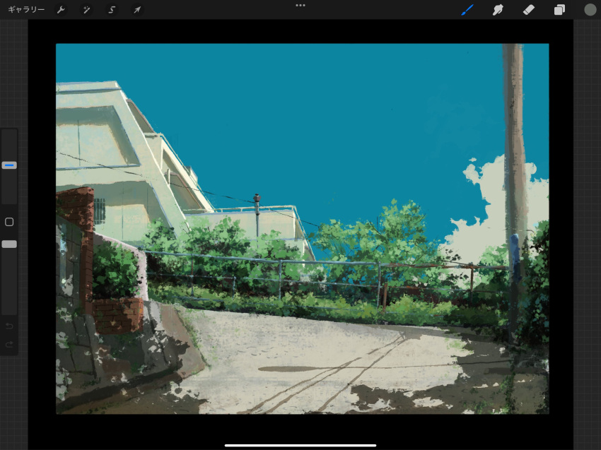 art_program_in_frame, awoi_(awoiro7), blue_sky, building, bush, clouds, dappled_sunlight, fence