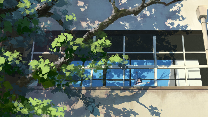1girl, arms_up, awoi_(awoiro7), black_hair, blouse, building, clear_sky, dappled_sunlight