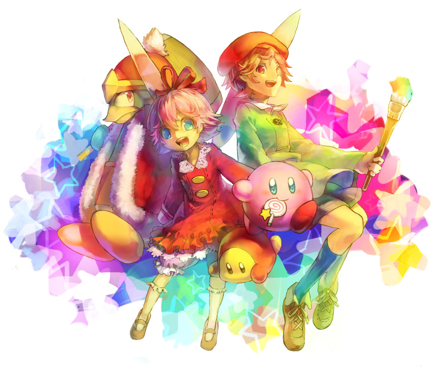 2girls, adeleine, aruk, beret, black_socks, bloomers, blue_eyes, brown_footwear