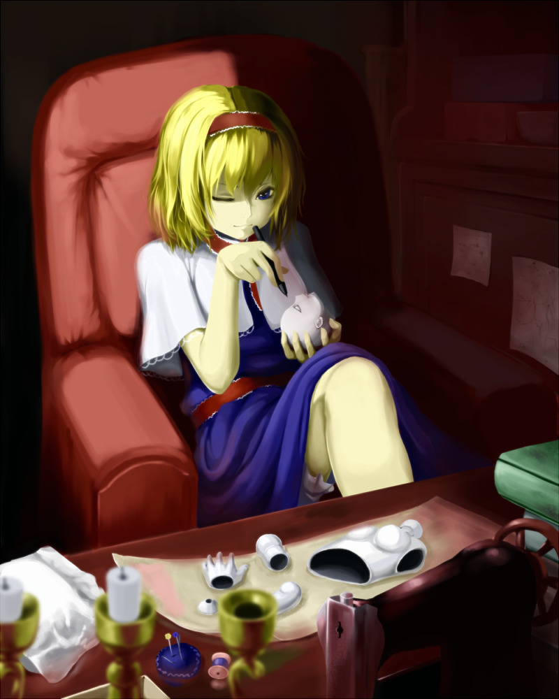 alice_margatroid, blonde_hair, blue_eyes, candle, capelet, concentrating, desk, doll