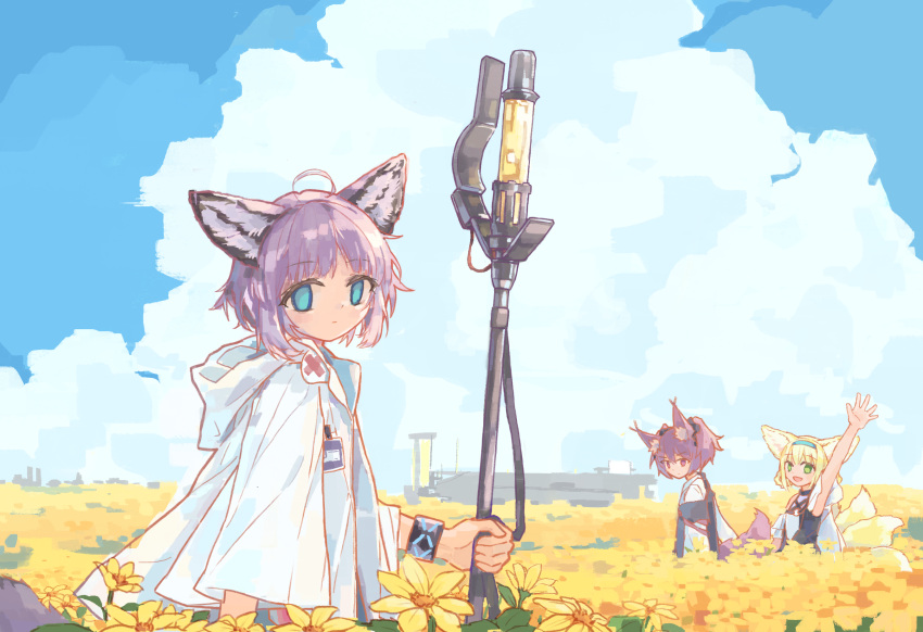 3girls, animal_ears, arknights, blonde_hair, blue_eyes, closed_mouth, clouds, coat