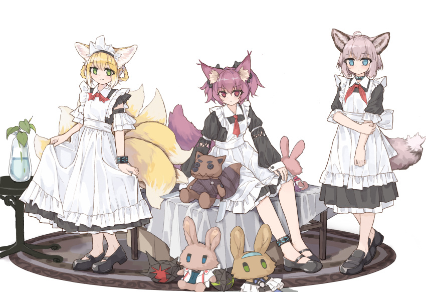 3girls, alternate_costume, animal_ear_fluff, animal_ears, arknights, black_footwear, blonde_hair, blue_eyes
