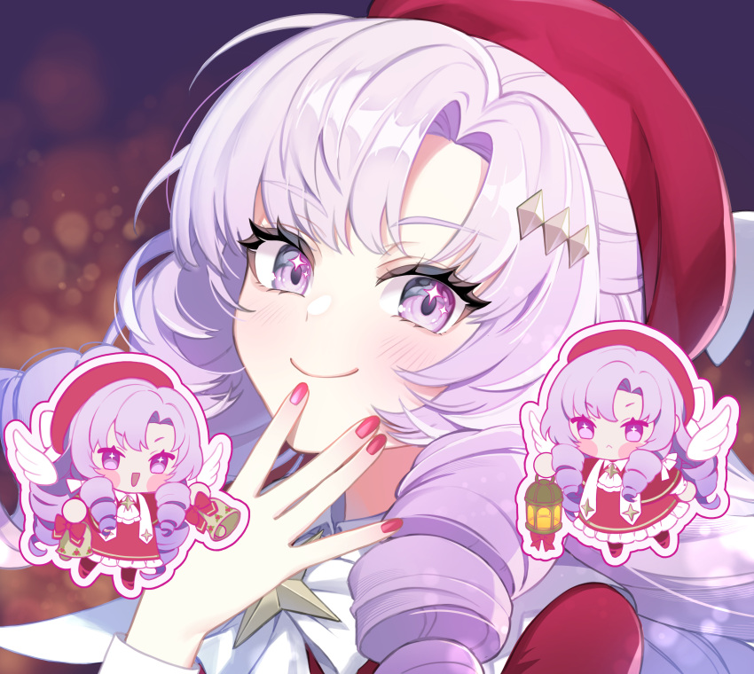 1girl, angel_wings, blush, blush_stickers, chibi, chibi_inset, dress, drill_hair