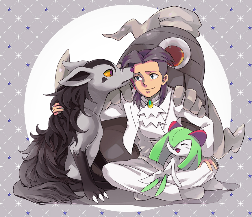 1boy, ascot, blue_eyes, butler_(pokemon:_jirachi:_wish_maker), colored_sclera, dusclops, full_body, hands_on_another's_shoulders, hijirino_yuuta, jacket, kirlia, licking, licking_another's_face, male_focus, mightyena, open_mouth, pants, pokemon, pokemon:_jirachi:_wish_maker, pokemon_(anime), pokemon_(creature), pokemon_rse_(anime), purple_hair, short_hair, sitting, smile, white_ascot, white_jacket, white_pants, yellow_sclera