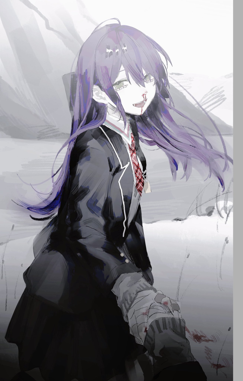 1boy, 1girl, :d, bandaged_hand, bandages, black_jacket, blazer, blood