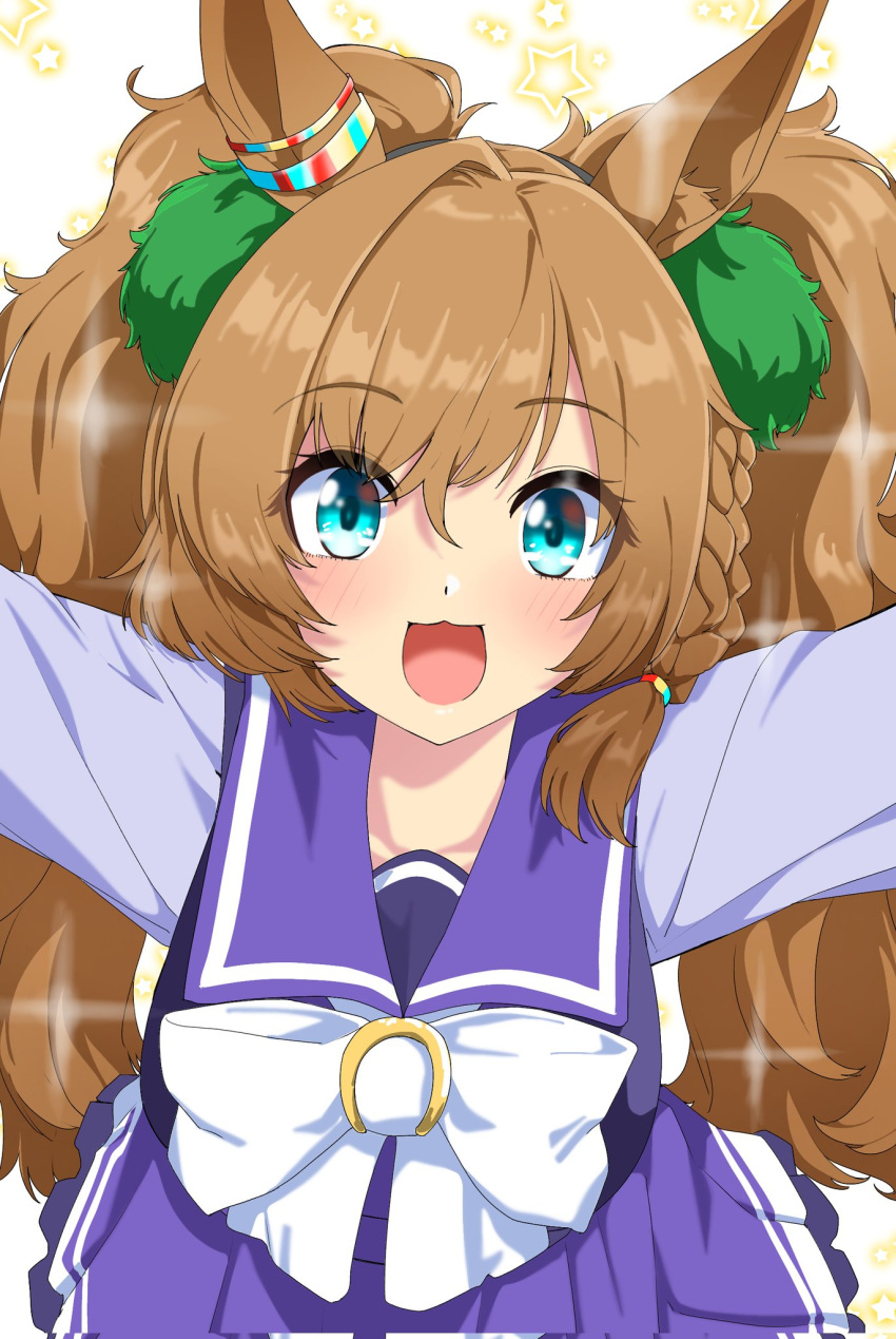 1girl, animal_ears, arms_at_sides, blast_onepiece_(umamusume), blue_eyes, blush, breasts, brown_hair