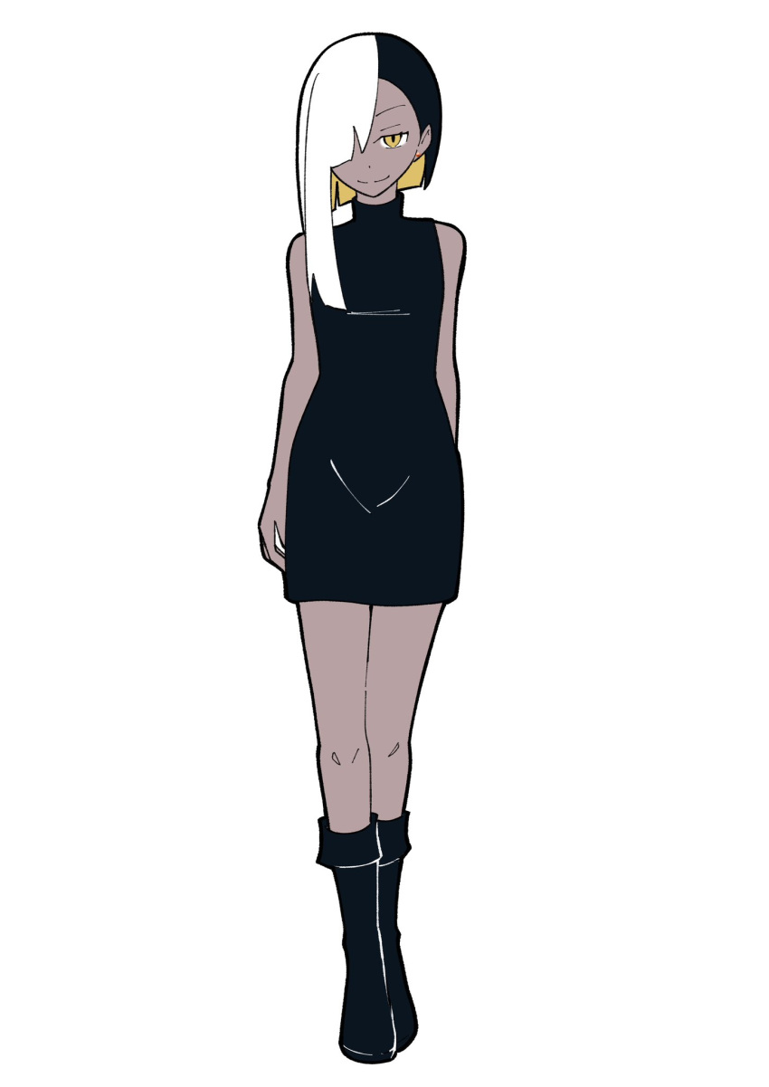 1girl, ado_(utaite), black_dress, black_footwear, black_hair, blonde_hair, boots, colored_inner_hair