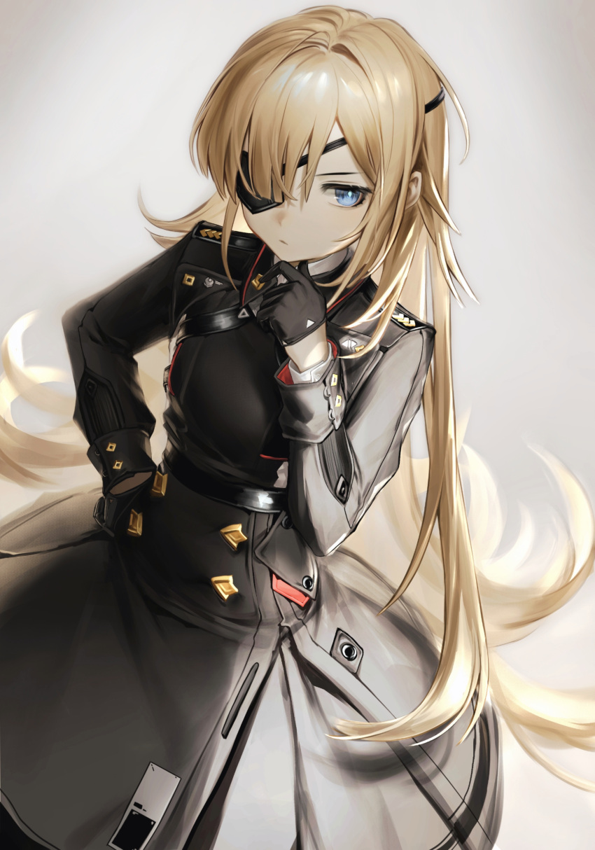 1girl, absurdres, black_dress, blonde_hair, blue_eyes, breasts, collared_shirt, commentary_request, cowboy_shot, dress, dutch_angle, eyepatch, gloves, goddess_of_victory:_nikke, guillotine_(nikke), half_gloves, hand_on_own_chin, hand_on_own_hip, highres, long_hair, long_sleeves, looking_at_viewer, military_rank_insignia, military_uniform, shirt, simple_background, small_breasts, solita_ts, solo, very_long_hair