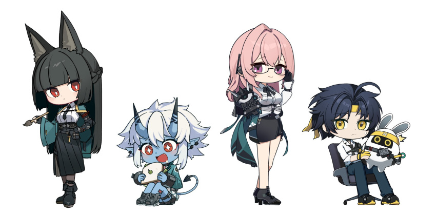 1boy, 3girls, ahoge, animal_ear_fluff, animal_ears, asaba_harumasa, asaba_harumasa_bangboo, black_footwear
